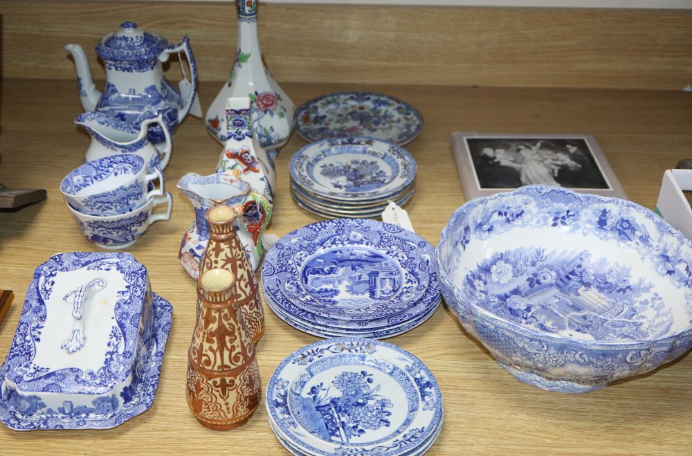 A Masons Ironstone jug, two vases and six plates, a Minton Sicilian bowl and a Spode Italian coffee pot